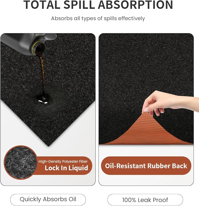 Heavy Duty Oil Spill Mat, Garage Floor Mat, 63" x 31" Waterproof Rubber Backing Oil Absorbent Pads, 1/5" Thick Reusable Under Auto Repair Mat for Garage Floor Surface Protection-Black