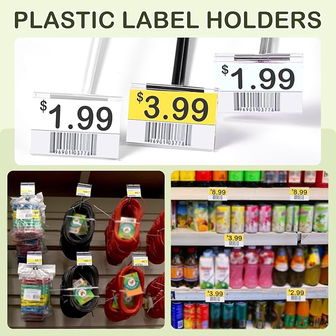 Tatuo 200 Pcs Reusable Plastic Wire Shelf Label Holders, Price Card Sign for Pantry Retail Supermarket Merchandise Shopping Mall Shop Ticket Display Holder Clip on Design, 2.36" L x 1.65" H (Clear)