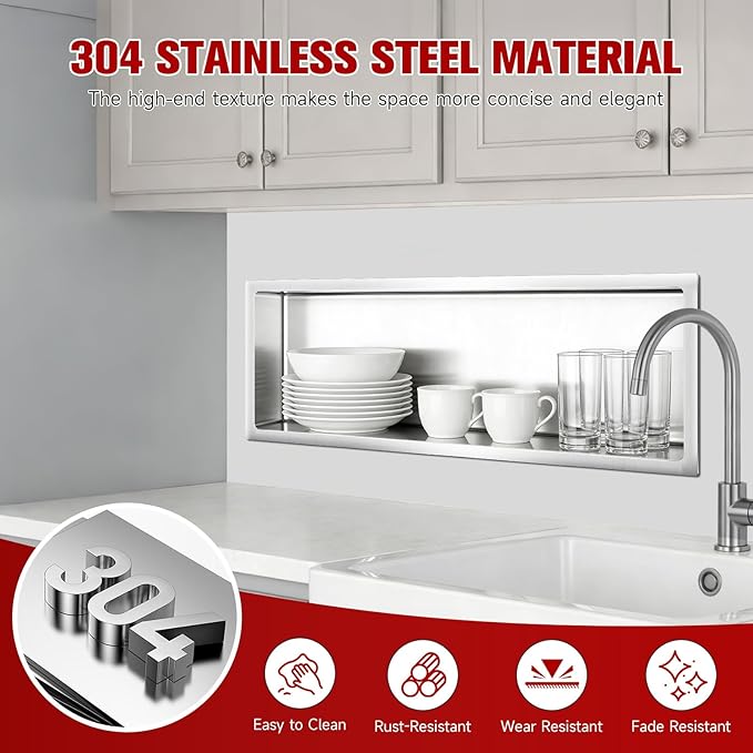 No Tile Needed Shower Niche 12"X 36", Bathroom Wall Niche Single Shelf, Stainless Steel Shower Niche for Bathroom, Kitchens, Balconies
