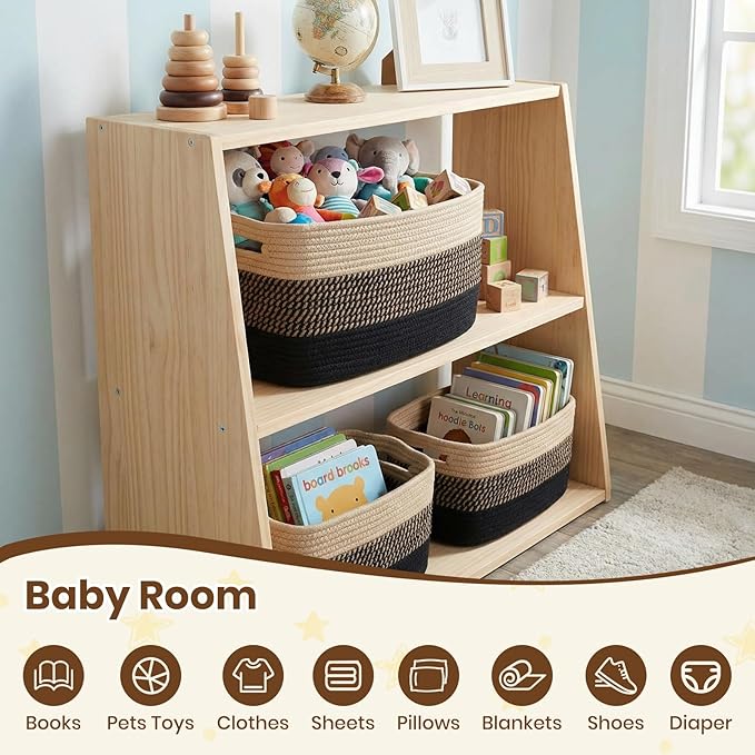 Storage Baskets for Organizing, 14 x 10 x 9” Closet Shelf Woven Baskets, Square Bins with Handles, Cotton Rope Basket for Toys, Clothes, Office, Room, Black+Brown 3 Pack