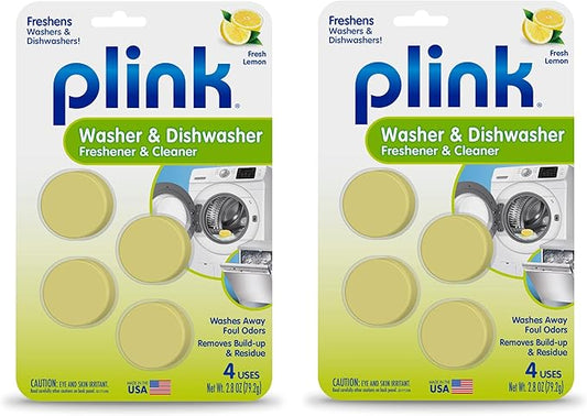Plink Washer and Dishwasher Freshener and Cleaner, Prevents Residue, Removes Odors in Kitchen and Laundry Room Appliances, Septic-Friendly, Fresh Lemon Scent, 2 Packs of 4, 8 Tablets Total