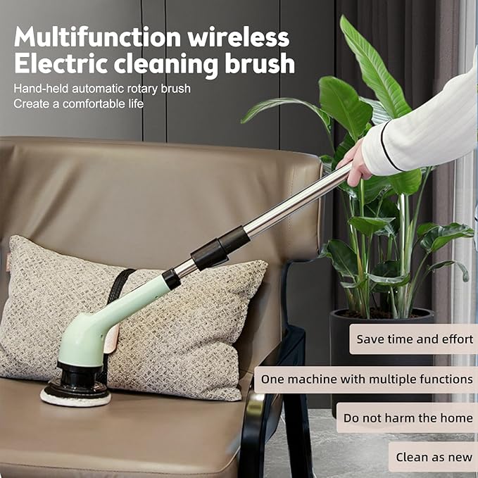 Cordless Spin Scrubber, IPX6 Rated Electric Cleaning Brush w9 Heads and Extension Arm for Bathroom, Tile, Kitchen - Green ABS (6 Replaceable Brush Head)