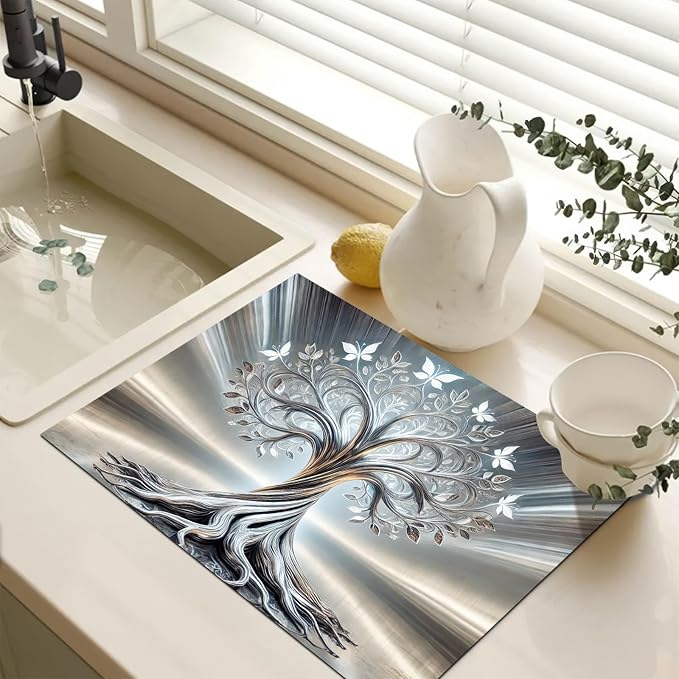 Silver Tree Stove Top Covers Pad Kitchen Decorations Dish Drying Mat 28 x 20 inches Tree of Life Coffee Bar Mats Absorbent Pad Fit Coffee Maker Machine Dish Drying Kitchen Decor