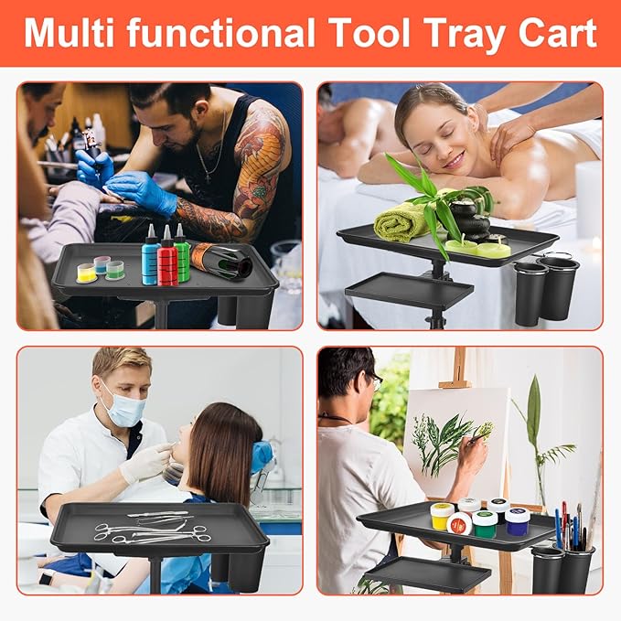Salon Tray Cart on Wheels, Aluminum Tattoo Tray with Storage Platform, Adjustable Height Service Rolling Tray, Storage Tray Accessory for Salon Spa Dental Use, Rolling Tray Cart