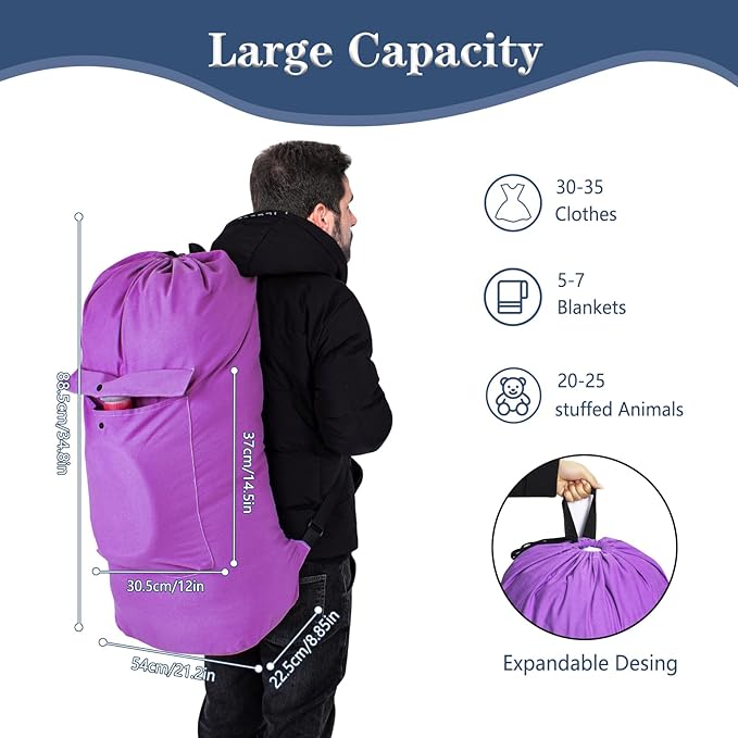 Sanlykate Canvas Backpack Laundry Bag - Extra Large Durable Dirty Clothes 2-3 Days Capacity with Adjustable Shoulder Strap & Front Pocket, for College Dorm, Apartment, Laundromats, Camping Travel
