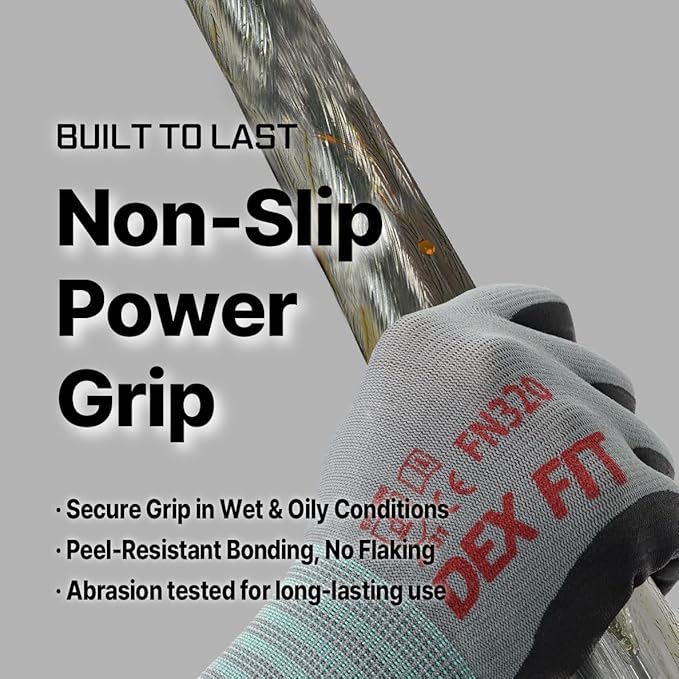 DEX FIT Premium Nylon Nitrile Work Gloves FN320, 3 Pairs, 3D-Comfort Stretchy Fit, Firm Grip, Thin & Lightweight, Durable, Breathable & Cool, Machine Washable; Grey 9 (L)