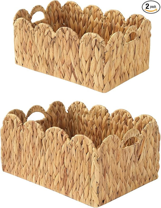 2-Pack Wicker Baskets with Handles, Large(15"Lx11"Wx7"H)&Small(13"Lx9"Wx6.25"H) Woven Storage Basket, Decorative Storage Basket for Home & Kitchen/Nursery Organizers