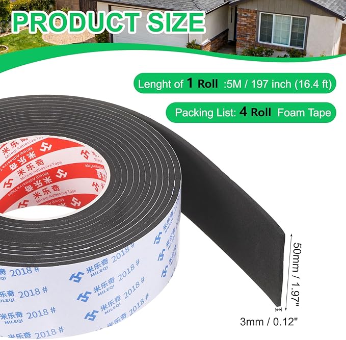 PATIKIL 4Roll Sponge Rubber Foam Tape, 1 31/32" W x 1/8" t x 16.4ft l Self-Adhesive Foam Insulation Tape Weather Stripping for Window Door Soundproofing Weatherstrip AC Seal Strip, Black