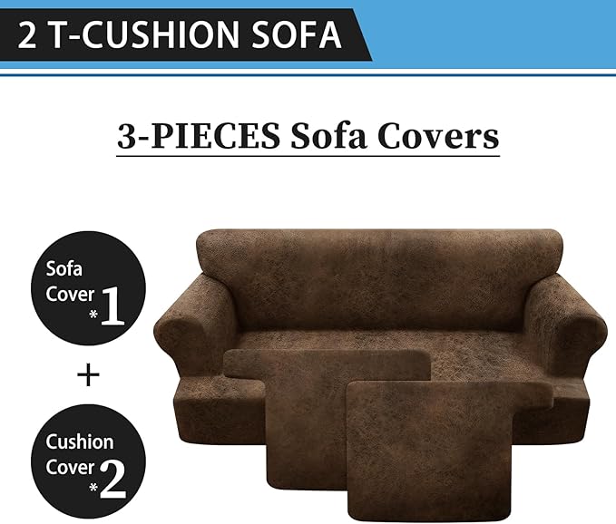 3-Pieces T Cushion Sofa Slipcovers Leather Look Couch Cover for 2 Cushion Couch Furniture Protector Stretch Sofa Cover with 2 Individual T Cushion Seat Covers Washable, Brown