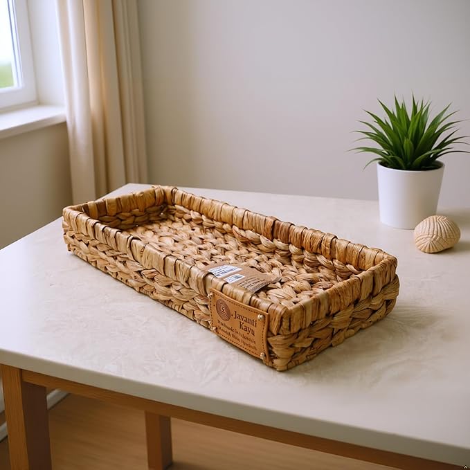 Handmade Water Hyacinth Wicker Storage Basket – Rectangle Organizer Bin for Shelves, Blanket, Bathroom, Closet, Toilet Tank – Decorative & Durable (1, 17.5"x6.7"x2.5")