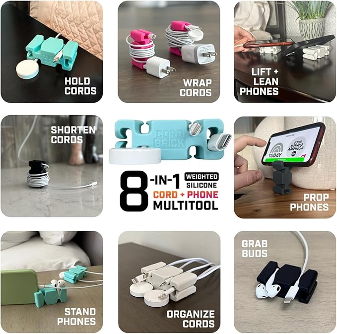 CordBrick Stocking Stuffers for Adults Cord Management Weighted Cord Holder Cable Wrap Phone Stand - Multiuse Gadget Organizer for Nightstand, Desk. Gift for Men, Durable Silicone. 6pk Asst Neutrals
