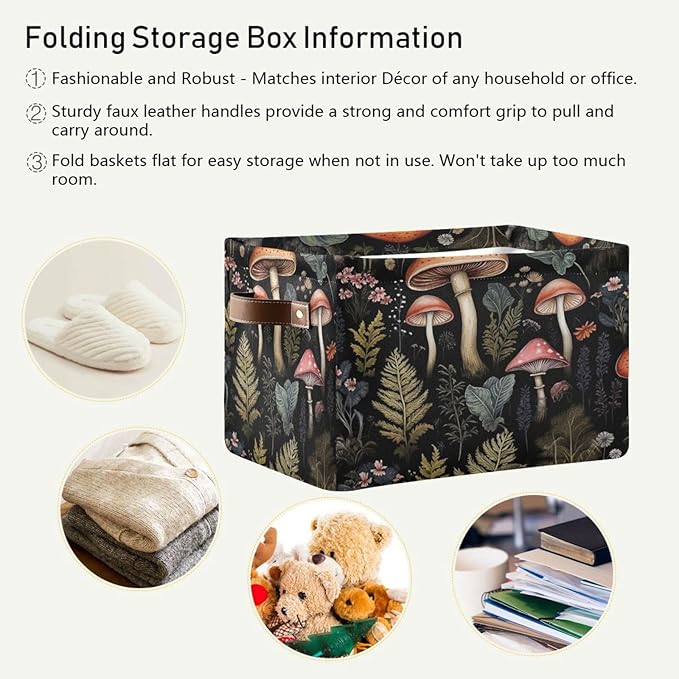 Storage Basket Mushroom Rectangular Collapsible Canvas Shelves Storage Bins with Leather Handles for Shelves Home Closet Bedroom Living Room, 1Pack