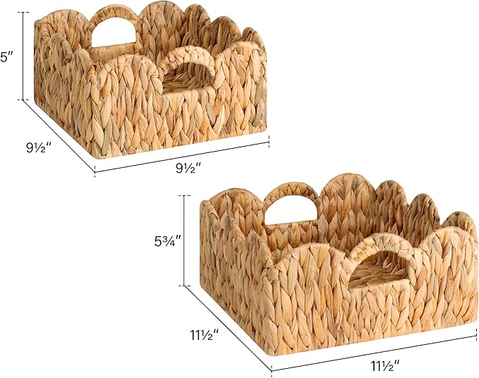 StorageWorks Scalloped Wicker Basket, Woven Baskets for Storage, Rattan Baskets with Handles, Paper Rope Basket for Organizing and Decor, 2 Pack