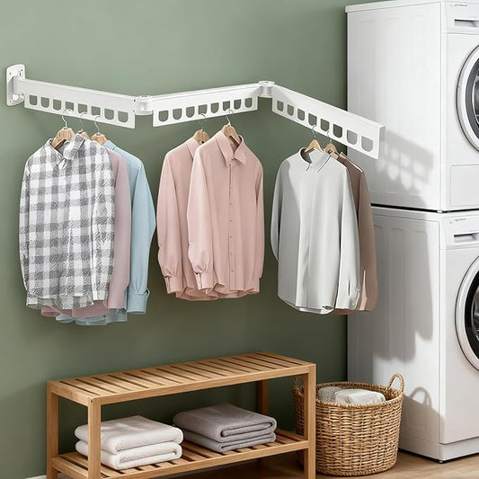 Clothes Drying Rack Laundry Space Saver Wall Mounted, Retractable, Collapsible(Tri-Fold), White Color Rack Clothing (with Screws)