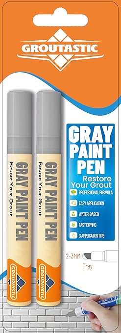 Gray Grout Paint Pen Tile Grout Colorant & Sealer Marker, Quick-Dry, Ideal for Bathroom, Shower, Kitchen Tiles Restores Grout Lines, 3 Adjustable Tips (2-3 mm) 2 Pack