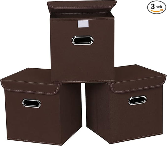 Closet Organizers Fabric Storage Bins With Lids Collapsible Cube Storages Organizer Basket With Handles,Storage Boxes for Clothes Storage,Office,Toys,3 Pack,（Coffee