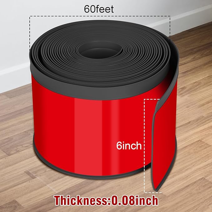Vinyl Baseboard Molding Trim 6 Inch x 60 Feet Peel and Stick Baseboard Trim Flexible PVC Cove Base Moulding Self-Adhesive Trim for Garage Bathroom Cabinet Floor Walls, Black