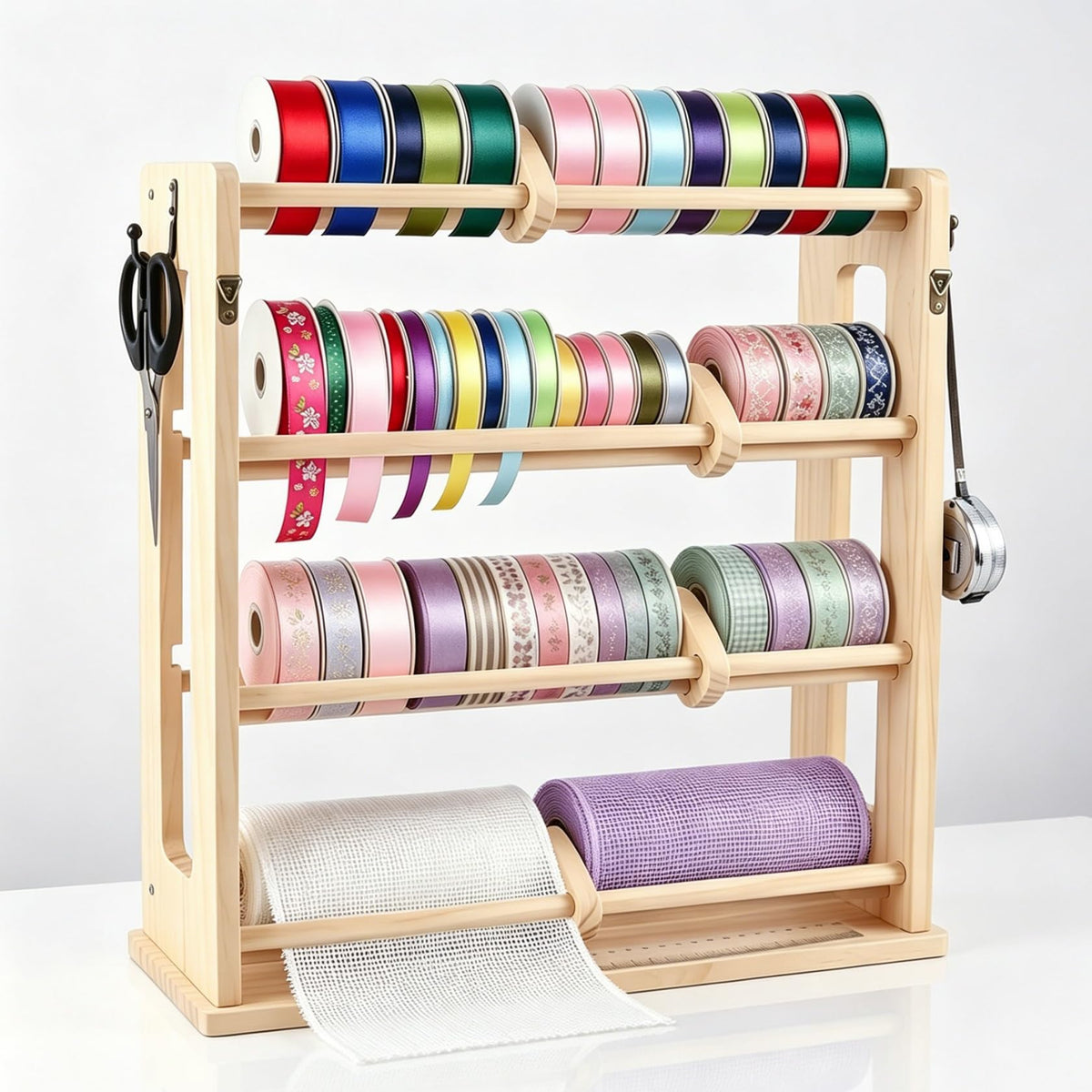4-Tier Ribbon Storage Rack, Wooden Ribbon Organizer Spool - Image 1