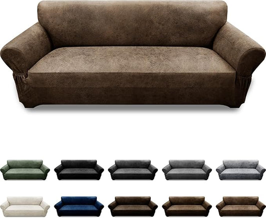 Couch Cover Leather Look 3 Seater Couch Sofa Cover 1-Piece Sofa Slipcover Stretch Furniture Protector with Elastic Bottom & Pockets(Sofa, Light Brown)