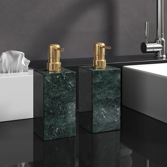 2 Set Real Natural Marble Soap Dispenser with Stainless Steel Pump – Decorative Liquid Hand Soap Bottle for Kitchen & Bathroom, Compatible with Lotion, Dish Soap & Shower Gel (Green)