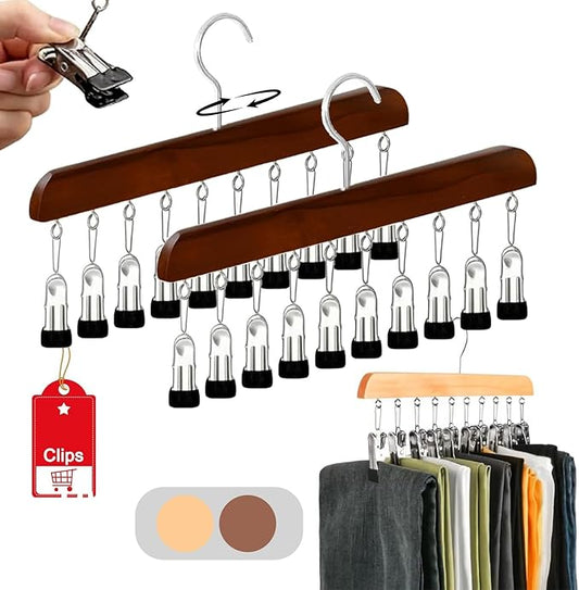Closet Organizer with 10 Clips - Space Saving Hanging Closet Organizer, 2026 Upgraded Legging Hangers for Closet, 360° Rotating Metal Clips with Silicone Lining for Clothes (Vintage, 2PCS)