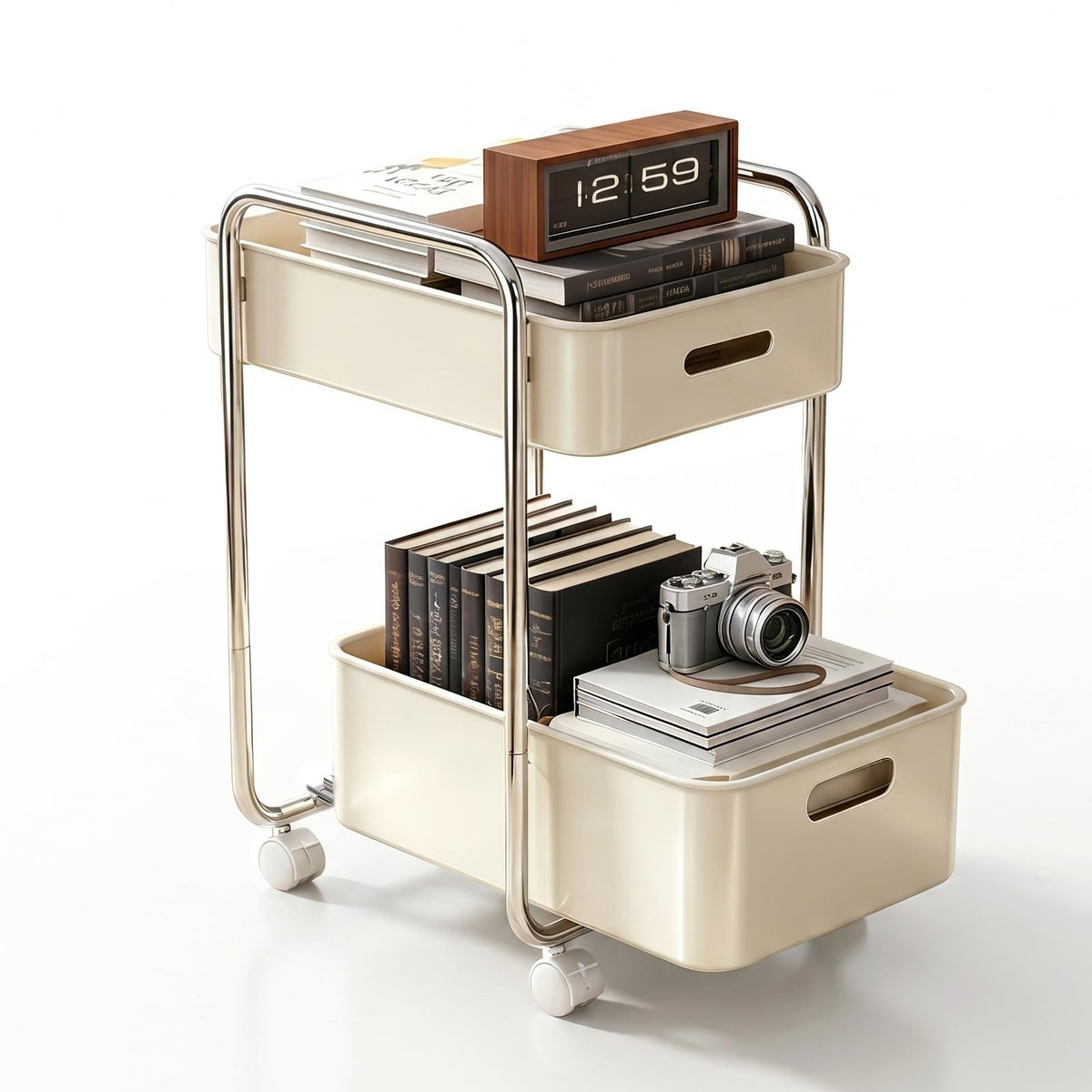 2-Tier Metal Rolling Cart Under Desk Storage Wheels Cream White - Image 1