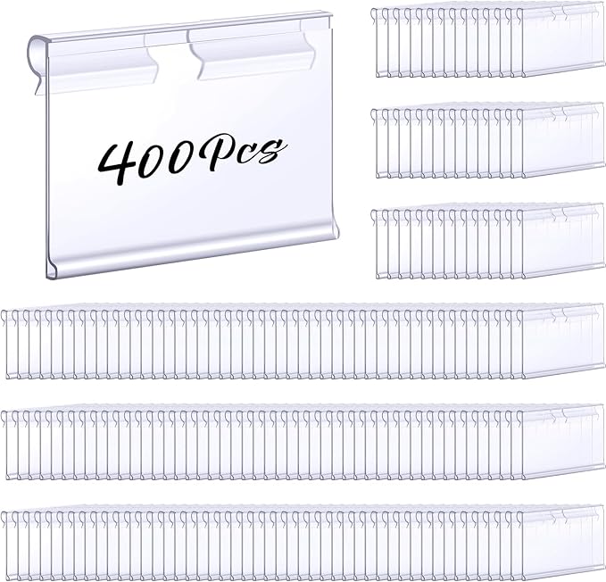 Tatuo 400 Pcs Reusable Plastic Wire Shelf Label Holders, Price Card Sign for Pantry Retail Supermarket Merchandise Shopping Mall Shop Ticket Display Holder Clip on Design, 2.36" L x 1.65" H (Clear)