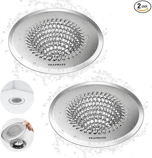 TRAPMATE 2 Pack Bathroom Sink Drain Strainer, 4.4" Fast Drainage Shower Drain Hair Catcher, Anti-Slip Bathtub Drain Hair Catcher, Stainless Steel Shower Drain Cover for Tub, Sink (Patented Product)