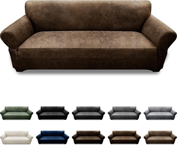 Couch Cover Leather Look 3 Seater Couch Sofa Cover 1-Piece Sofa Slipcover Stretch Furniture Protector with Elastic Bottom & Pockets(Sofa, Brown)