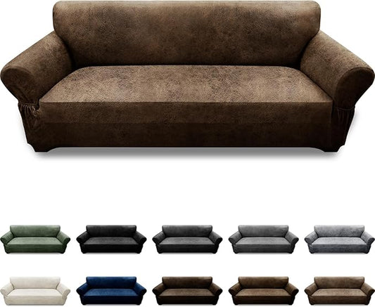 Couch Cover Leather Look 3 Seater Couch Sofa Cover 1-Piece Sofa Slipcover Stretch Furniture Protector with Elastic Bottom & Pockets(Sofa, Brown)