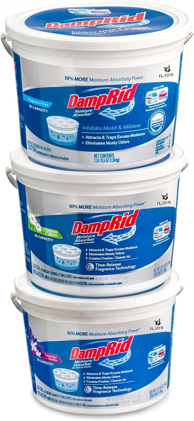 DampRid Hi-Capacity Moisture Absorber Damp Rid Bucket - 3 Pack (2 lb. each) Fragrance Free, Fresh Scent, Lavender Vanilla - Attracts & Traps Excess Moisture. Packed By ILIOS