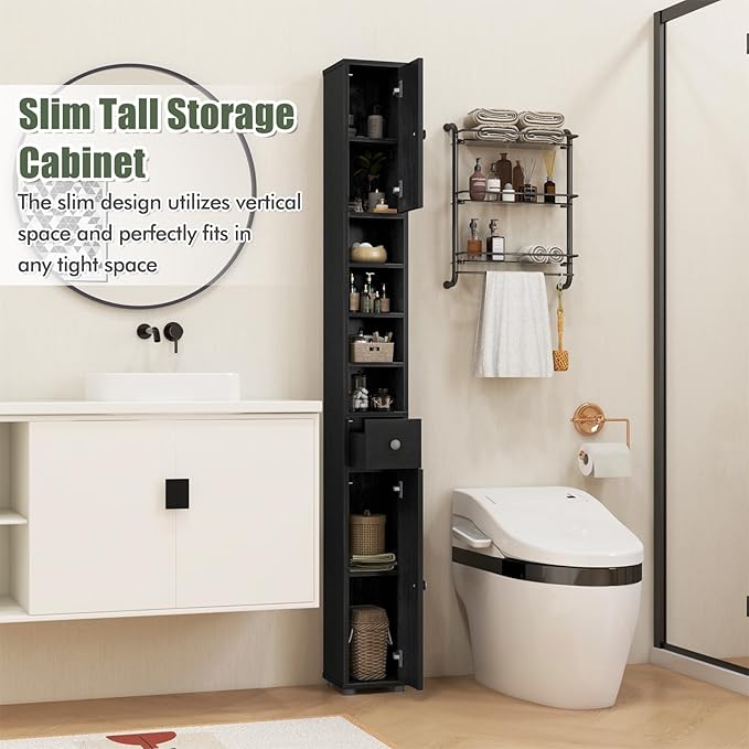Giantex Slim Bathroom Storage Cabinet - 71” Tall Narrow Floor Cabinet Cupboard with 2 Doors, 5 Adjustable Shelves, 1 Drawer, Anti-Tipping Device, Thin Linen Tower Cabinet for Living Room (1, Black)