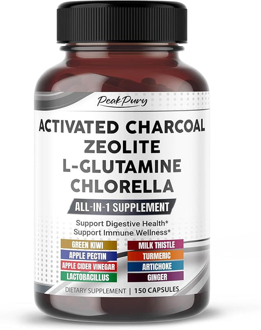 Premium All-in-1 Activated Charcoal, Zeolite, L-Glutamine & Chlorella – Supports Digestive Cleanse & Immune Wellness – 150 Capsules