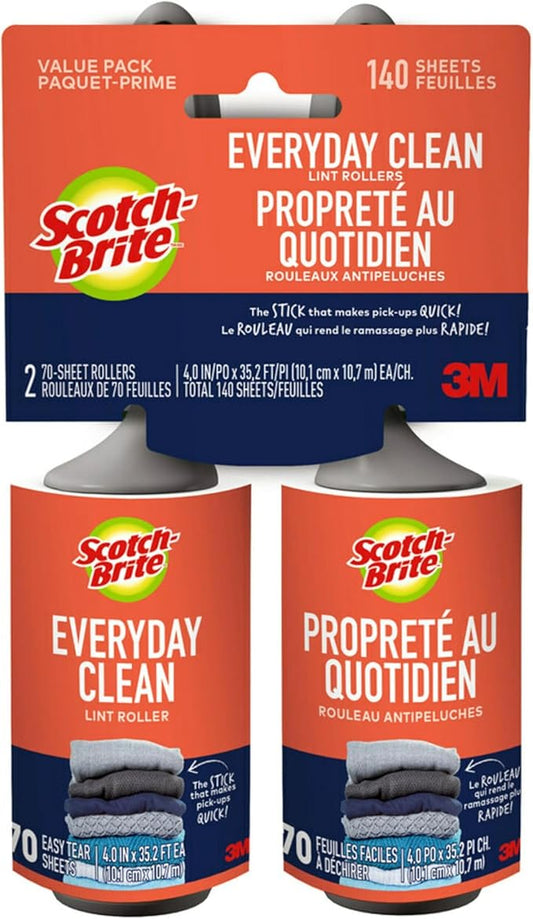 Scotch-Brite Everyday Clean Lint Roller, Lint Remover for Pet Hair, Dark Clothes, Furniture, and Dusty Surfaces, Picks Up Fur & Fluff in Your Home, Car, & Office, 2 Pack, 140 Adhesive Sheets Total