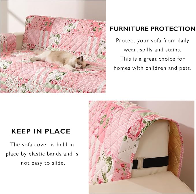 Skidproof Sofa Cover-Floral Sofa Slipcover with Elastic Straps-Easy Fit Slip Cover-Washable Furniture Protector for Pets and Kids(Sofa,Pink)