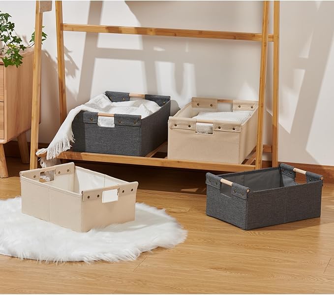 2PCS Storage Bins Cotton Linen Fabric Storage Boxes Basket with Wooden Handles Foldable Washable Decorative Shelf Container Clothes Organizer Home Laundry - Small Size, Beige