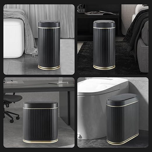 ELPHECO Bathroom Trash Can with Lid 2 Gallon Motion Sensor Garbage Can 7.5 Liter Small Trash can Touchless Bathroom Decor Waterproof Smart Waste Bin with Stripes for Bedroom, Office (Black-Golden)