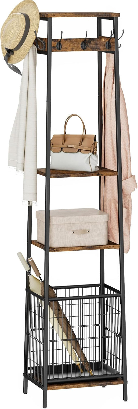 Coat Rack Freestanding with Umbrella Holder, Coat Stand with 2 Shelves and 7 Hooks, Hall Tree, Clothes Rack Stand Organizer for Hallway, Entryway, Living Room, Rustic Brown and Black