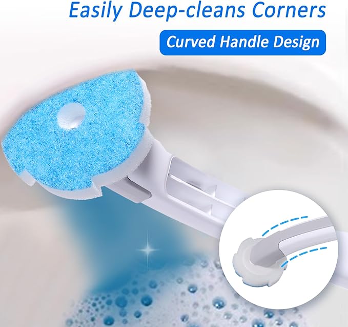 Disposable Toilet Brush and Holder Set with 16 Refills, Toilet Bowl Brush Cleaner Long Handle Wand, Compact Bathroom Toilet Scrubber Cleaning Supplies Wall Mounted for Bath Tub Sink Washbasin, White