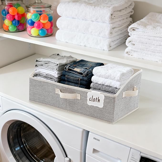 Closet Organizers and Storage Bins with Labels Clip, Large Trapezoid Storage Baskets for Shelves, 28L Foldable Fabric Clothing Organizer for Blankets, Towels and Toys, Honey Beige, 3-Pack