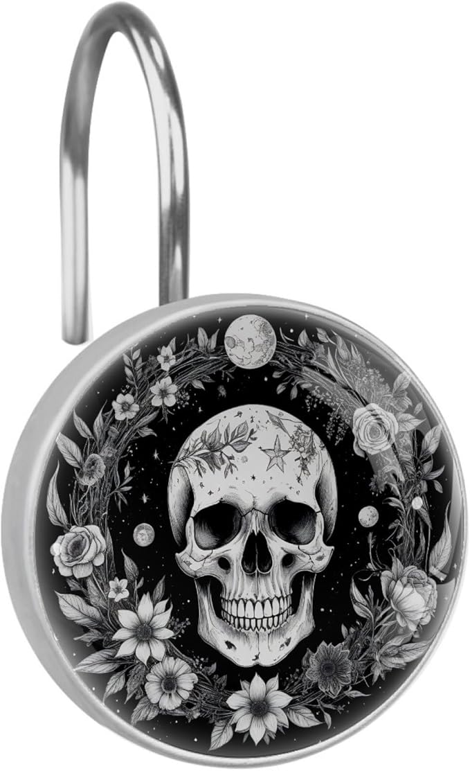 12 Packs Gothic Skull and Floral Shower Curtain Hooks, Stainless Steel Glass Shower Curtain Rings for Bathroom Decor, Metal Rustproof Curtain Rod Hooks
