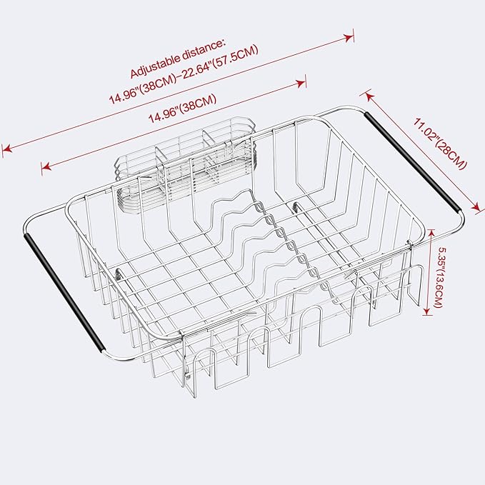 Dish Drying Rack in Sink, Extendable Stainless Steel Dish Drainers for Kitchen Counter, Anti-Rust Dish Dryer Rack with Utensil & Cup Holders, for Inside Sink, Over The Sink
