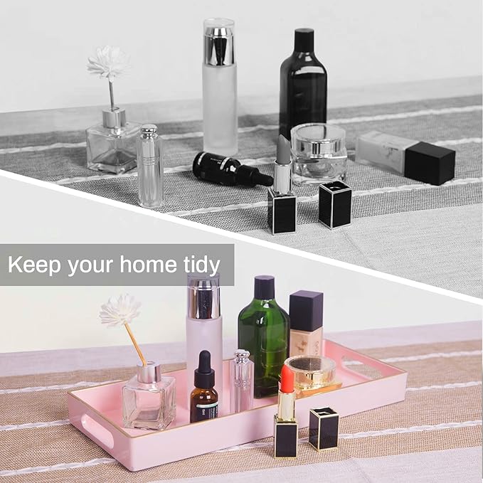 MAONAME Pink Vanity Tray Set of 2, Plastic Decorative Tray with Handles, Long Narrow Trays, Small Bathroom Trays for Toilet Tank, 13.8" X 6" X 1.57"