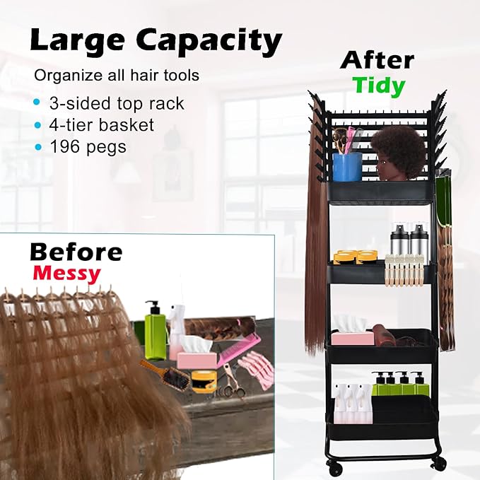 Braiding Hair Rack with 196 Pegs, Hair Extension Holder with 4 Tiers Storage Cart, Classical Black Braiding Rack Stand for Hair Braider, Sturdy Hair Rack for Salon, Home, Braiding School
