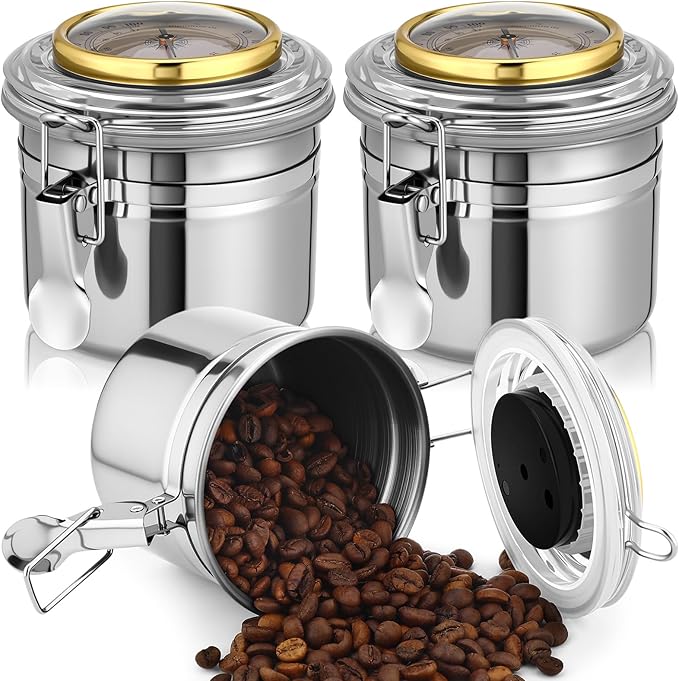 3 Pcs 17 oz Stainless Steel Container with Hygrometer & Humidifier Kitchen Food Storage Jar with Sealed Lid Airtight Coffee Canister for Coffee Bean, Tea, Candy, Snacks, Cereal Storage