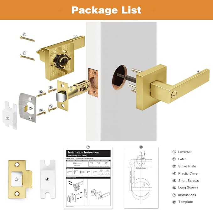 Probrico Gold Privacy Door Handle Lockset Heavy Duty Interior Door Lever for Bedroom Reversible Keyless Handleset Door Knob 10 Pack
