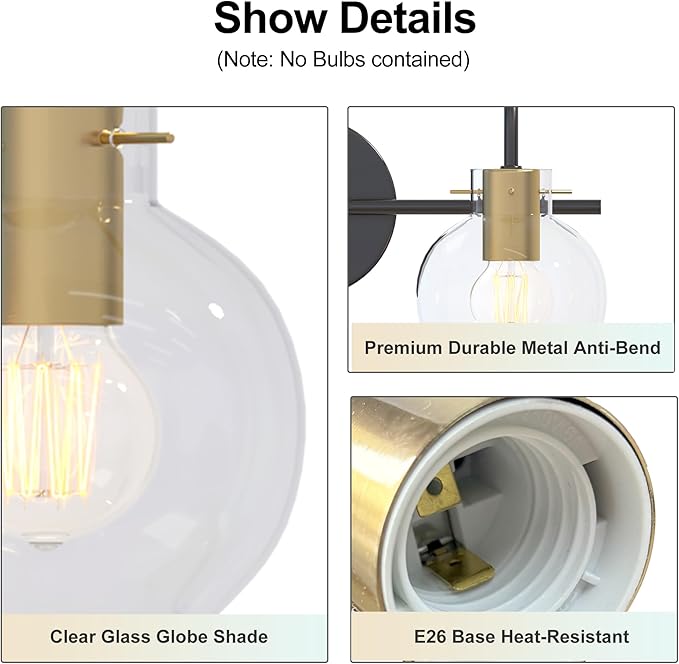 Bathroom Vanity Light Fixtures,3 Light Brushed Black Wall Sconces, Modern Bathroom Lighting Over Mirror, UL Certified with Glass Shades, Vanity Lights for Bathroom, Bedroom, Hallway