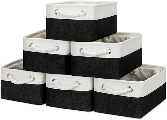 Bidtakay Small Canvas Storage Baskets with Handles Collapsible Rectangular Fabric Baskets for Dog Toys Small Toy Organizer Bins for Shelf Bookcase Linen Rectangle Bins for Nursery Baby Storage
