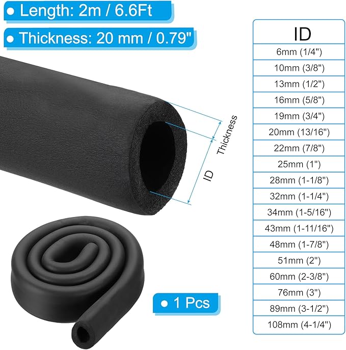 PATIKIL 1-11/16"(43mm) ID x 6.6Ft Pipe Insulation Foam Tubes, Pipe Cover Wrap Roll Bar Padding Tubing for Handle Grip HVAC Outdoor Air Conditioner Units, Black