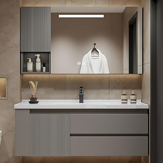 48IN Suspended Bathroom Cabinet Combo Set - Fully Functional LED Mirror with Smart Defogging & Time Display | Bathroom Vanity with Sink,Side Cabinet Storage Compartment (Style A)